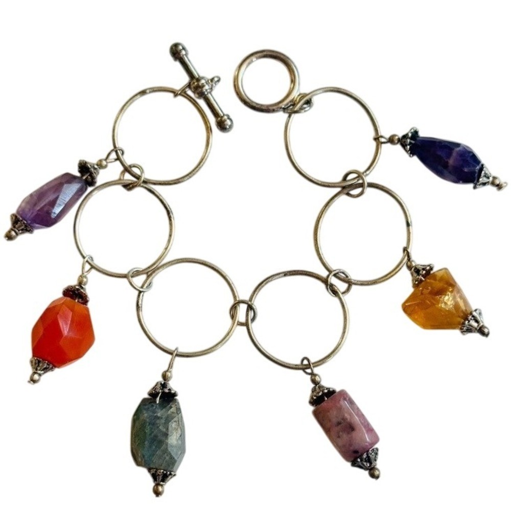 VTG Amethyst citrine carnelian quartz dangle charm bracelet stone silver MOD 7"